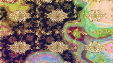 Geleneksel klasik altın desen. Gri renkli ve altın elementli altın desenli. Raster oryantal süs. Barok tarzında eskiz doğulu süsü..