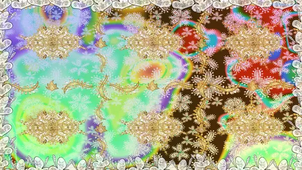 Çiçek desenli altın metal. Tarafsız renkler ve altın elementler. Kusursuz altın desen. Raster altın çiçek süsü brokar kumaş ve cam desenli..