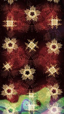 Güzel tasarım. Noel için tatil tasarımı, yeni yıl moda baskıları. Kar tanelerinin soyut arkaplanlı Noel arkaplanı. Kahverengi, siyah ve kırmızı kar taneleri. Raster illüstrasyonu.