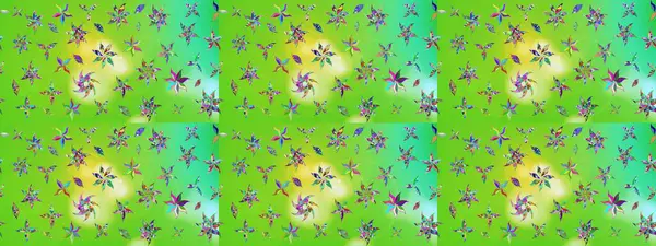 Şirin çiçekli eskiz deseni ve yeşil renkli yapraklar, suluboya çiçek deseni, duvar kağıdı, kart veya kumaş için fayanslı. Raster illüstrasyonu.