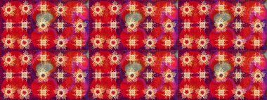 Raster illüstrasyonu. Noel ve yeni yıl moda baskıları için tatil tasarımı. Kar tanelerinin soyut arkaplanlı Noel şablonu. Mor, kırmızı ve turuncu kar taneleri.