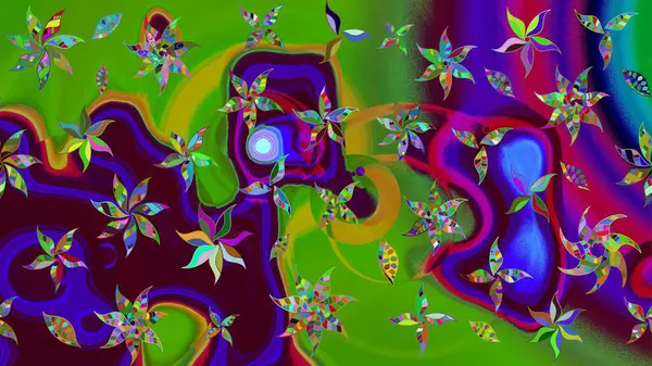 Raster illüstrasyonu. Çiçekli karalama şeklinde Raster çiçek deseni. Yumuşak, yaz çiçekleri yeşil renklerde.