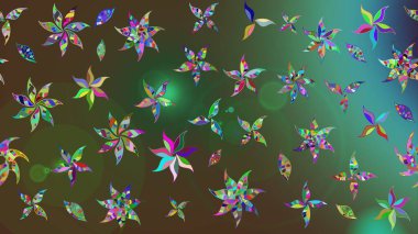 Raster Floral Illustration, Asyalı tekstil. Yeşil renkli etnik çiçeklerle zarif eskiz deseni.