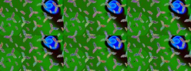 Raster illüstrasyonu. Noel için tatil tasarımı, yeni yıl moda baskıları. Güzel tasarım. Kar tanelerinin soyut arkaplanlı Noel arkaplanı. Yeşil, mavi ve siyah kar taneleri.