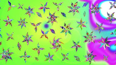 Çiçeksel fantezi tasarımı ve parlak bir arka plan çizimi. Düz Çiçek Elementleri Tasarımı. Renkli Bahar Teması çizim şablonu.