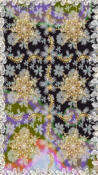 Damask arkaplanı tekerrür ediyor. Antika altın tekrarlanabilir duvar kağıdı. Gri renklerdeki altın element. Barok tarzında altın çiçek süsü..