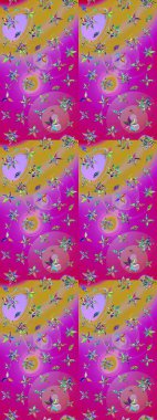 Düz Çiçek Elementleri Tasarımı. Raster Illustrasyon 'daki Çiçek Deseni' nin son moda çizimi. Mor renkte çiçekler. Renkli Yaz Teması çizim şablonu.