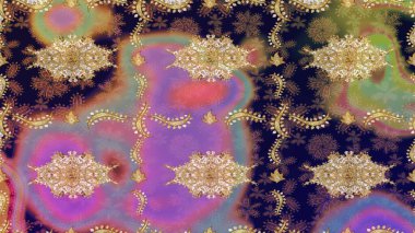 Raster eskiz deseni, altın antika ortaçağ dekoratifi, yapraklar ve kahverengi renkli altın desenli süslemeler. Kraliyet lüksü, altın barok kumaş rengi..