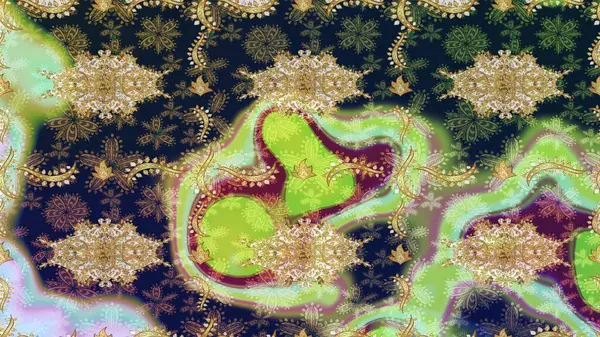 Damask arkaplanı. Barok tarzında altın çiçekli süs. Altın çiçekli eskiz deseni. Tarafsız renklerdeki altın element.