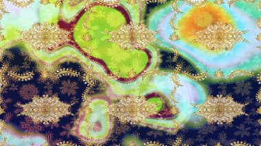 Tarafsız renklerde altın elementlerle Raster eskiz deseni. Tasarım için Damask çizim deseni.