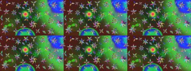 Düz Çiçek Elementleri Tasarımı. Sevimli çiçek raster deseni. Renkli Bahar Teması eskiz kalıbı. Yeşil renkte çiçekler.