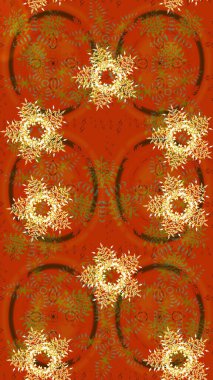 Turuncu, kahverengi ve sarı renkler. Kar tanelerinin soyut arkaplanlı Noel şablonu. Noel ve yeni yıl moda baskıları için tatil tasarımı. Raster illüstrasyonu.