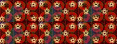 Raster illüstrasyonu. Kar tanelerinin soyut arkaplanlı Noel şablonu. Kahverengi, kırmızı ve yeşil renkler. Noel ve Yeni Yıl moda baskıları için tatil tasarımı.