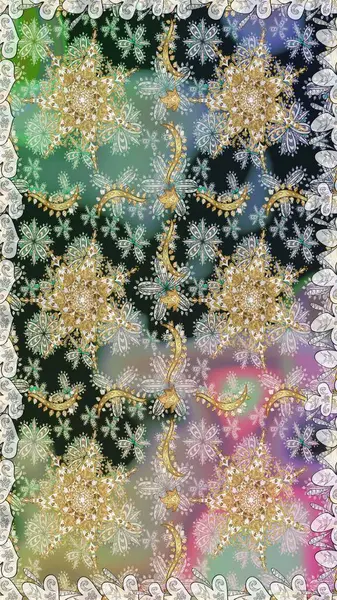 Damask arkaplanı. Gri renklerdeki altın element. Barok tarzında altın çiçekli süs. Altın çiçekli, pürüzsüz desen.