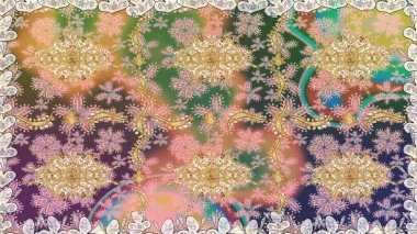 Noel, kar tanesi, yeni yıl 2019. Bej renklerde, altın elementlerle kusursuz klasik desen.