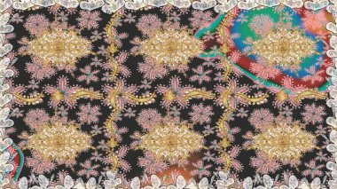 Kusursuz kraliyet lüksü, altın barok kumaş rengi. Altın antika ortaçağ dekoratifi, yapraklar ve gri renkli altın desenli süslemelerle pürüzsüz bir desen..