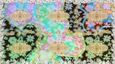 Kusursuz kraliyet lüksü, altın barok kumaş rengi. Altın antika ortaçağ dekoratifi, yapraklar ve tarafsız renklerde altın desenli süslemeleri olan pürüzsüz bir desen..