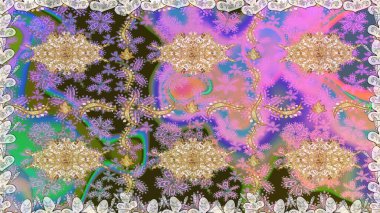 Çiçekli süslemeli, pürüzsüz bir desen. Doğu tarzında klasik tasarım öğesi. Duvar kâğıdı için altın süslü bir illüstrasyon. Süslü dantel iz sürücü. Tarafsız renkler üzerine geleneksel Arapça dekor.