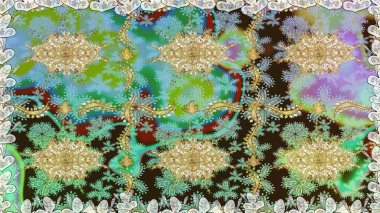 Çiçek desenli altın metal. Kusursuz altın desen. Raster altın çiçek süsü brokar kumaş ve cam desenli. Altın elementli nötr renkler.