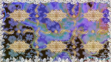 Barok tarzında altın çiçekli süs. Mor renklerde altın element. Damask pürüzsüz yineleme kalıbı. Antika altın tekrarlanabilir duvar kağıdı.