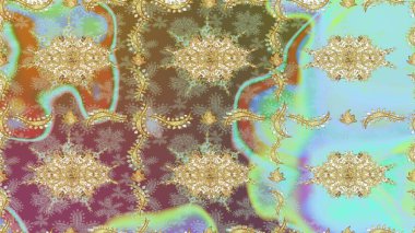 Raster illüstrasyonu. Tarafsız renklerde, altın elementlerle kusursuz desen. Klasik klasik klasik arka plan. Kusursuz klasik raster altın desenli. Geleneksel oryantasyon süsü.