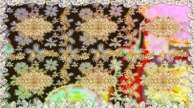 Raster altın tekstil baskısı. Kusursuz desenli oryantal süs. Kahverengi renklerde altın desenler ve altın elementler. Çiçek kiremitleri. İslam tasarımı.