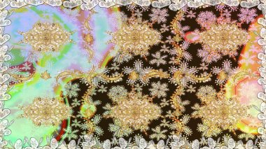 Kusursuz kraliyet lüksü, altın barok kumaş rengi. Altın antika ortaçağ dekoratifi, yapraklar ve tarafsız renklerde altın desenli süslemeleri olan pürüzsüz bir desen..