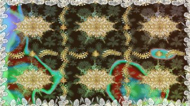 Damask altın soyut çiçek kahverengi renklerde dikişsiz desen. Süslü dekorasyon. Raster illüstrasyonu.