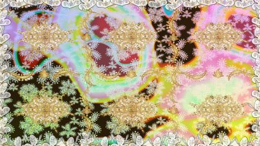 Tarafsız renklerde altın element. Damask arkaplanı. Altın çiçekli, pürüzsüz desen. Barok tarzında altın çiçekli süs..