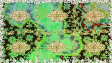 Raster illüstrasyonu. Kusursuz ortaçağ çiçek deseni. Dekoratif simetri arabesk. Yeşil renkte altın. Doğum günü, davetiye ya da afiş için tebrik kartı.