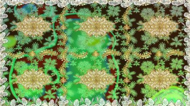 Damask altın soyut çiçek yeşil renklerde pürüzsüz desen. Raster illüstrasyonu. Süsleme.