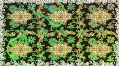 Barok tarzında duvar kağıdı tasarımı için kusursuz damaske deseni arkaplanı. Altın elementlerle yeşil renklerde altın desen. Süslü raster dekorasyonu.