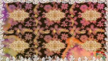 Davetiyeler, kartlar, web sayfası için Raster illüstrasyon. Doğu tarzı element. Altın desenli çiçek dekoru. Çizgi sanatı tasarım şablonu için kusursuz sınır. Kahverengi renklerde altın element.