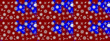 Kırmızı arka planda. Çocuksu tasarım. Tekstil, kumaş, ambalaj, hatıra defteri için hoş bir çiçek arkaplanı. Elle çizilmiş karalama çiçekleri ile Raster çizim deseni.