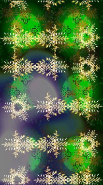 Kar taneleri, kar yağışı. Güzel, yeşil, gri ve mavi kar taneleri renkli bir arka planda izole edilmiş. Düşen Noel stili kar taneleri. Görüntü.