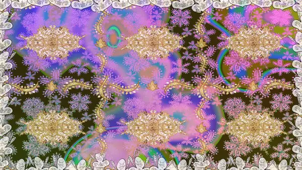 Raster altın tekstil baskısı. İslam tasarımı. Çiçek kiremitleri. Altın elementlerle nötr renklerde altın desen. Kusursuz desenli oryantal süs.