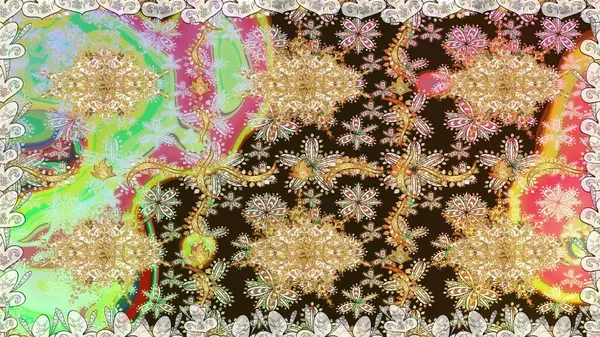 Kusursuz desenli altın elementler. Klasik çiçek dokusu. Kahverengi renkte Royal retro. Raster illüstrasyonu. Kart, duvar kağıdı, ambalaj ve tekstil için klasik tasarım. Altın şablon.