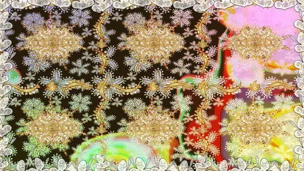 Raster altın tekstil baskısı. Kusursuz desenli oryantal süs. Kahverengi renklerde altın desenler ve altın elementler. Çiçek kiremitleri. İslam tasarımı.