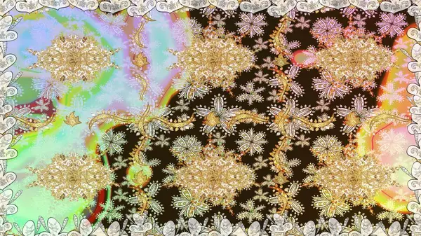 Kusursuz kraliyet lüksü, altın barok kumaş rengi. Altın antika ortaçağ dekoratifi, yapraklar ve tarafsız renklerde altın desenli süslemeleri olan pürüzsüz bir desen..