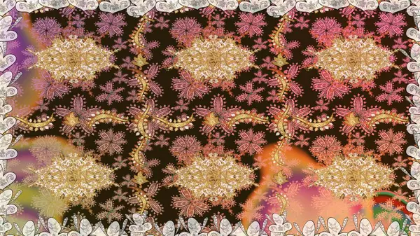 Davetiyeler, kartlar, web sayfası için Raster illüstrasyon. Doğu tarzı element. Altın desenli çiçek dekoru. Çizgi sanatı tasarım şablonu için kusursuz sınır. Kahverengi renklerde altın element.