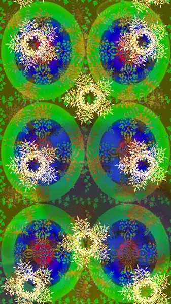 Kar tanelerinin soyut arkaplanlı Noel şablonu. Noel ve yeni yıl moda baskıları için tatil tasarımı. Yeşil, mavi ve kahverengi kar taneleri. Raster illüstrasyonu.