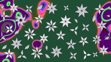 Çok yeşil zarif küçük çiçekler ve yeşil renkli komik böcekler, raster desen, illüstrasyon.