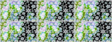 Moda baskıları için zarif bir şablon. Modern çiçek arkaplanı. Rengarenk çiçekleri ve yaprakları tarafsız ve yeşil renklerde inanılmaz kusursuz çiçek deseni. Halk stili.