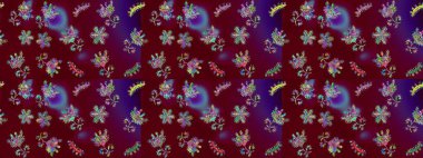 Güzel kumaş deseni. Raster illüstrasyonu. Raster illüstrasyonundaki çiçek desenli çizim. Kırmızı, mor ve mavi renklerde.