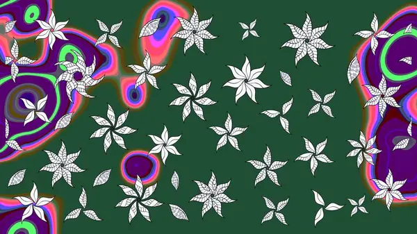 Çok yeşil zarif küçük çiçekler ve yeşil renkli komik böcekler, raster desen, illüstrasyon.