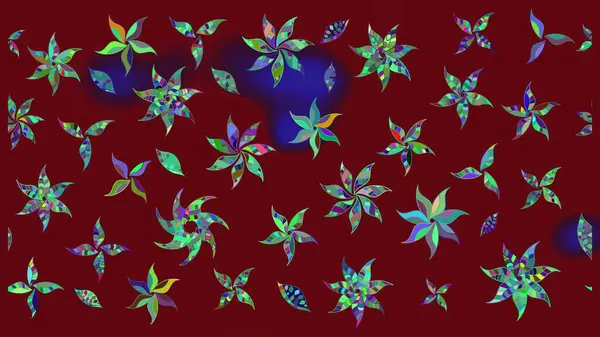 Raster illüstrasyonu. Şirin çiçekli eskiz deseni ve kırmızı renklerde yapraklar, suluboya çiçek deseni, duvar kağıdı, kart veya kumaş için fayanslı.