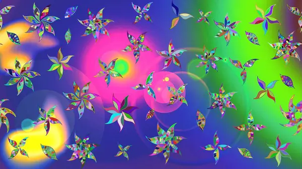 Parlak renkli fantezi çiçekleri, yapraklar, mavi renkli tomurcuklar. Suluboya el çizimi elementli çiçek çizimi deseni.