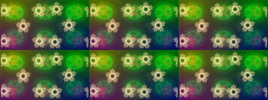 Kar tanelerinin soyut arkaplanlı Noel şablonu. Yeşil, mavi ve kahverengi kar taneleri. Raster illüstrasyonu. Noel ve yeni yıl moda baskıları için tatil tasarımı. Renkler.