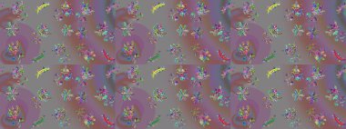 Düz Çiçek Elementleri Tasarımı. Renkli Bahar Teması eskiz kalıbı. Raster illüstrasyonundaki çiçek desenli çizim. Gri, mor ve pembe renkte çiçekler.