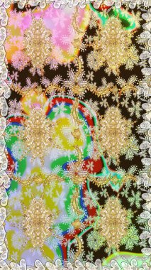 Çiçek kiremitleri. Raster altın tekstil baskısı. İslam tasarımı. Kusursuz desenli oryantal süs. Altın elementlerle nötr renklerde altın desen.